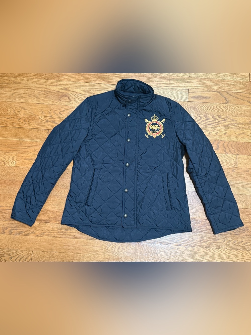 Ralph Lauren Sport Black Diamond-Quilted Riding Jacket w/Embroidered Crest Logo